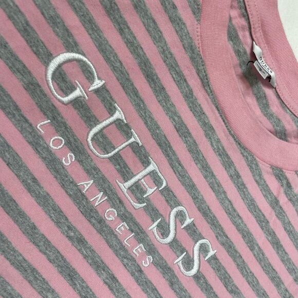 Guess Striped Crop T-shirt Women Small Pink Gray Short Sleeve - Picture 2 of 5